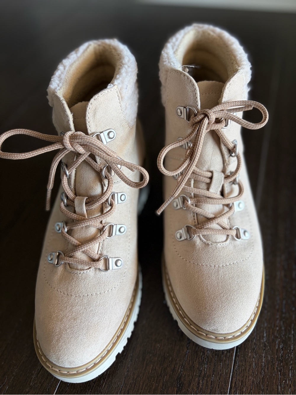 Women's Cream Lace-Up Faux Shearling Ankle Boots